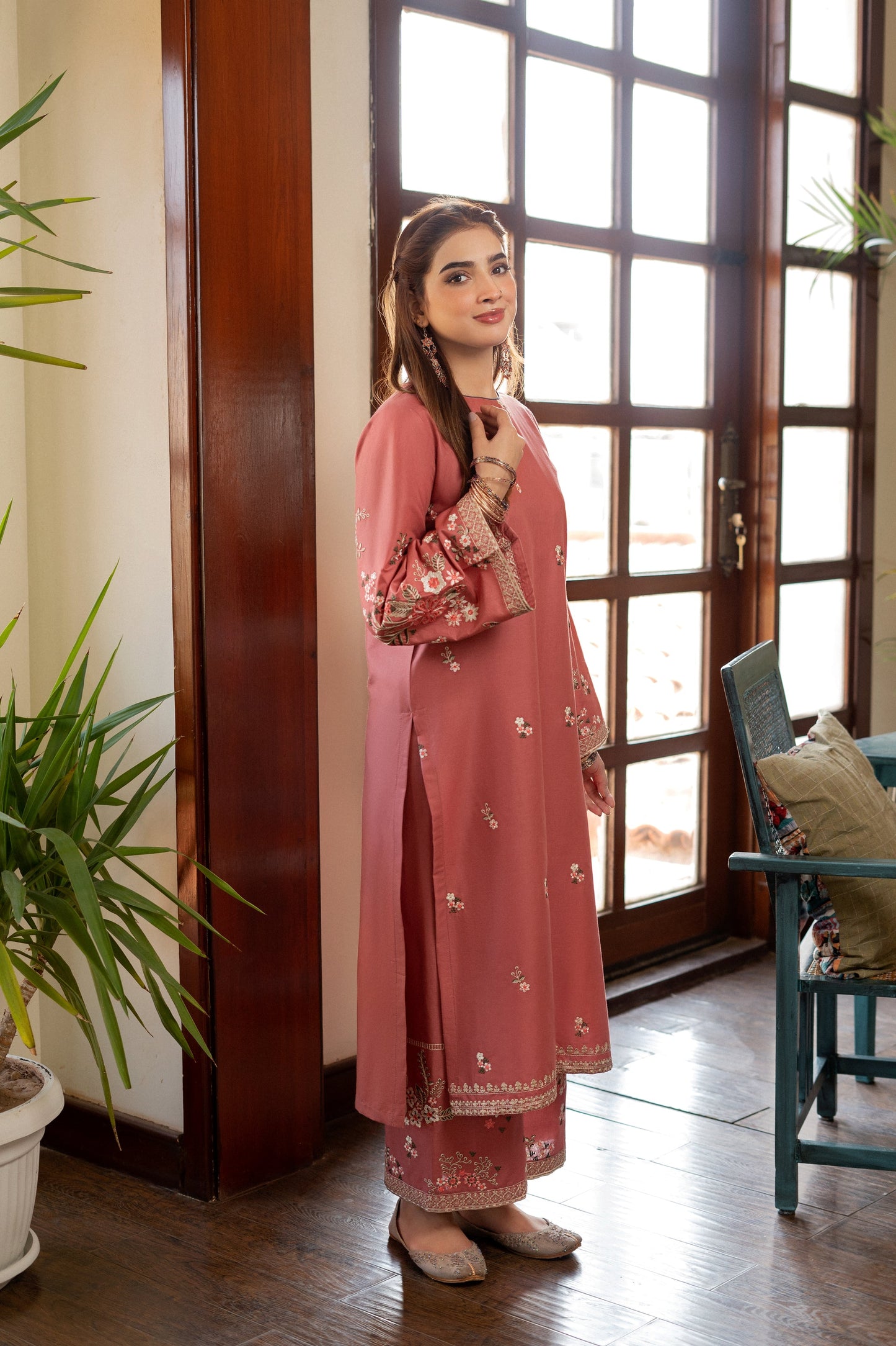 Unstitched Embroidered Brownish-red color 2 Pc