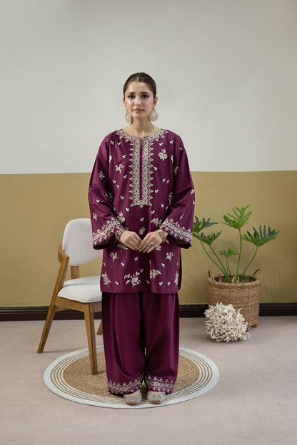 Unstitched Embroidered Reddish Purple 2 Pc