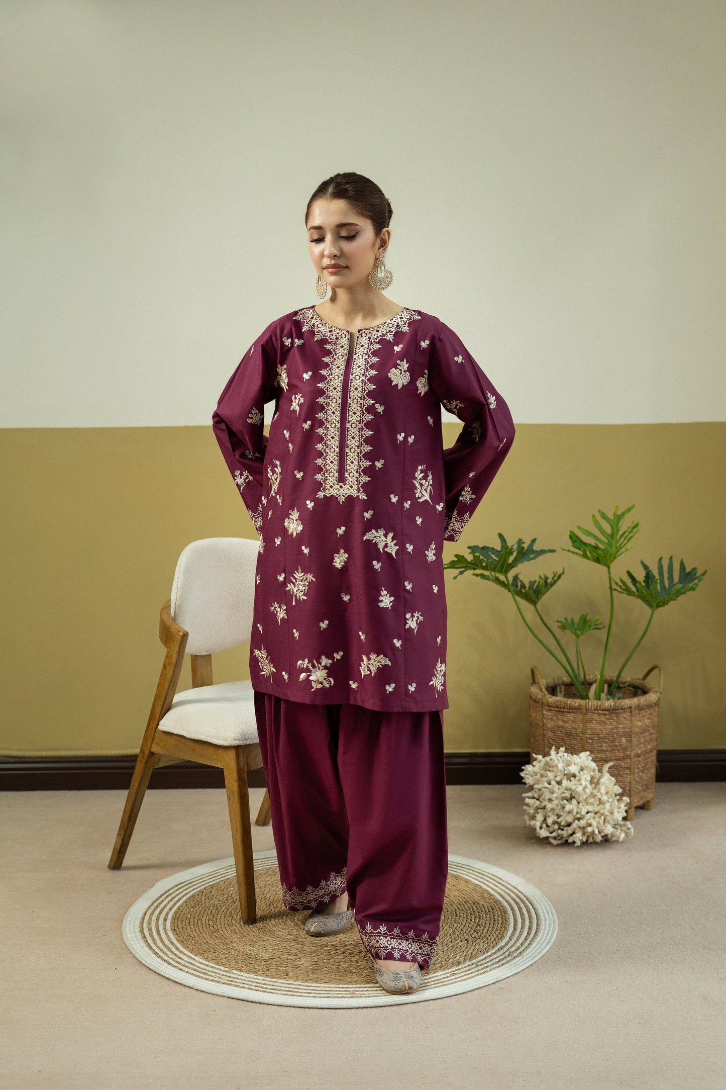 Unstitched Embroidered Reddish Purple 2 Pc