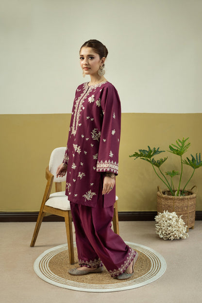 Unstitched Embroidered Reddish Purple 2 Pc