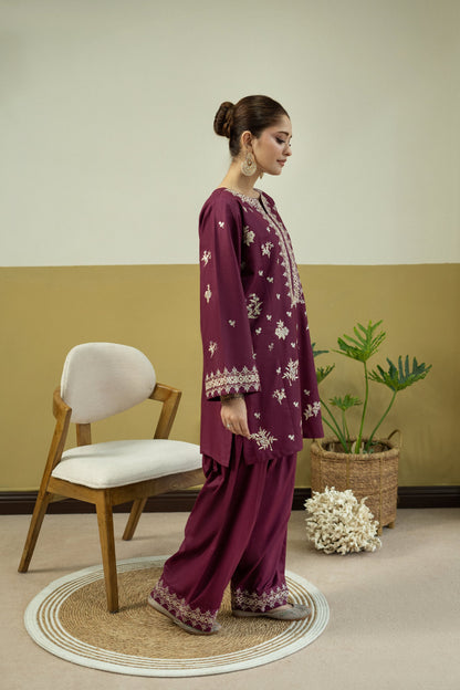 Unstitched Embroidered Reddish Purple 2 Pc