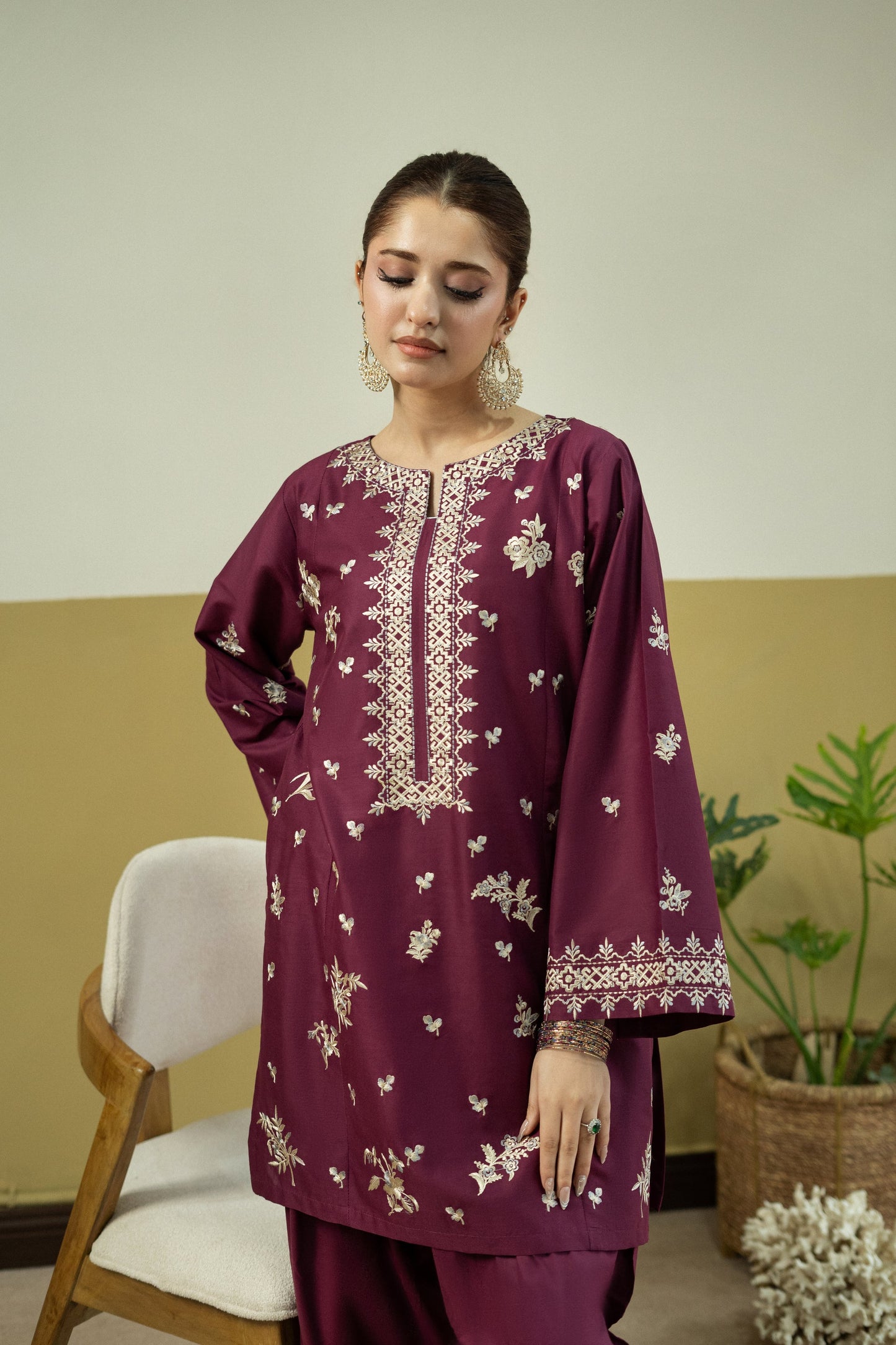 Unstitched Embroidered Reddish Purple 2 Pc
