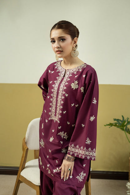 Unstitched Embroidered Reddish Purple 2 Pc