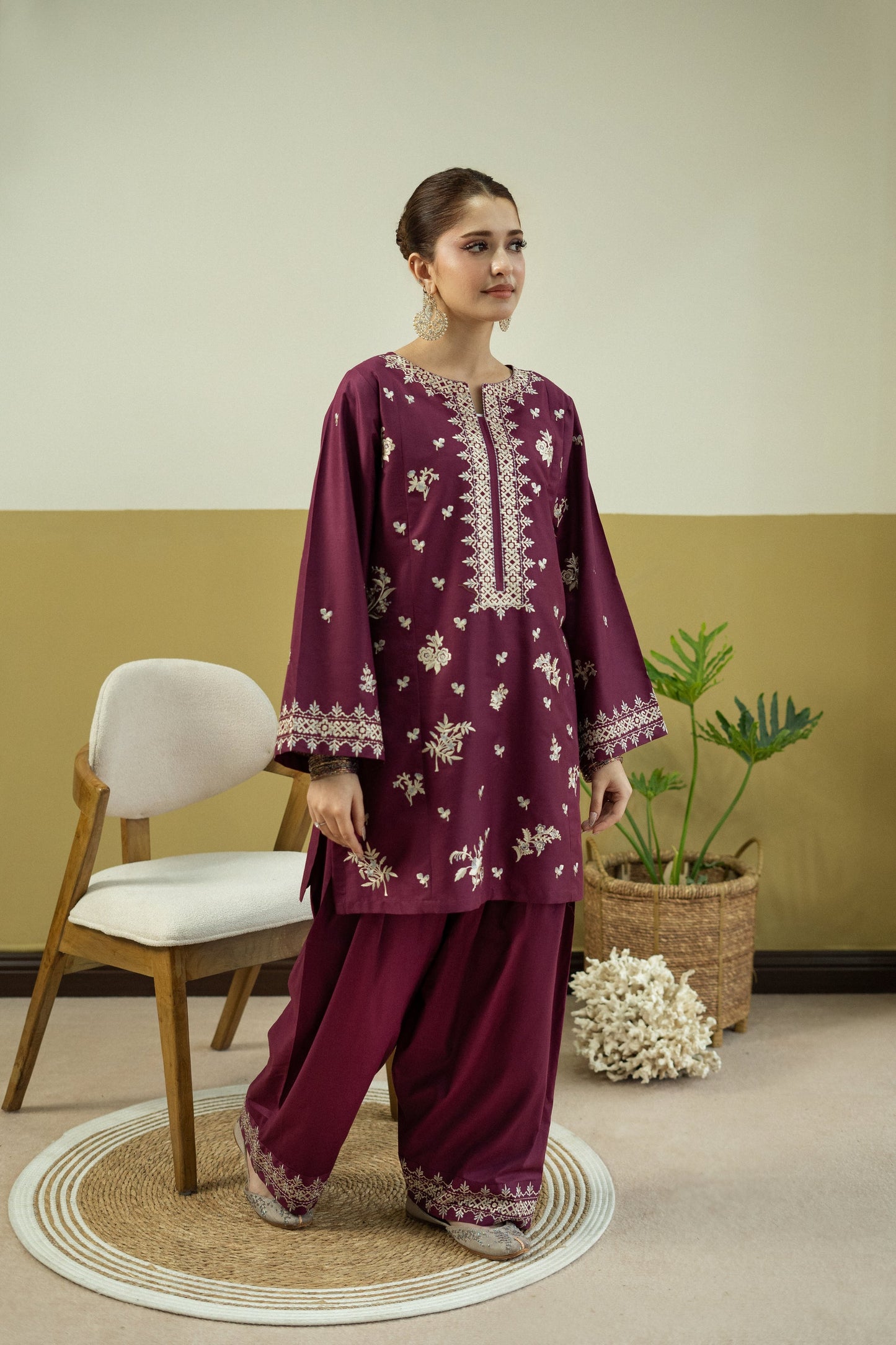 Unstitched Embroidered Reddish Purple 2 Pc