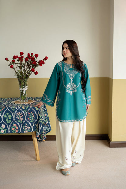 Unstitched Embroidered Green 2 Pc