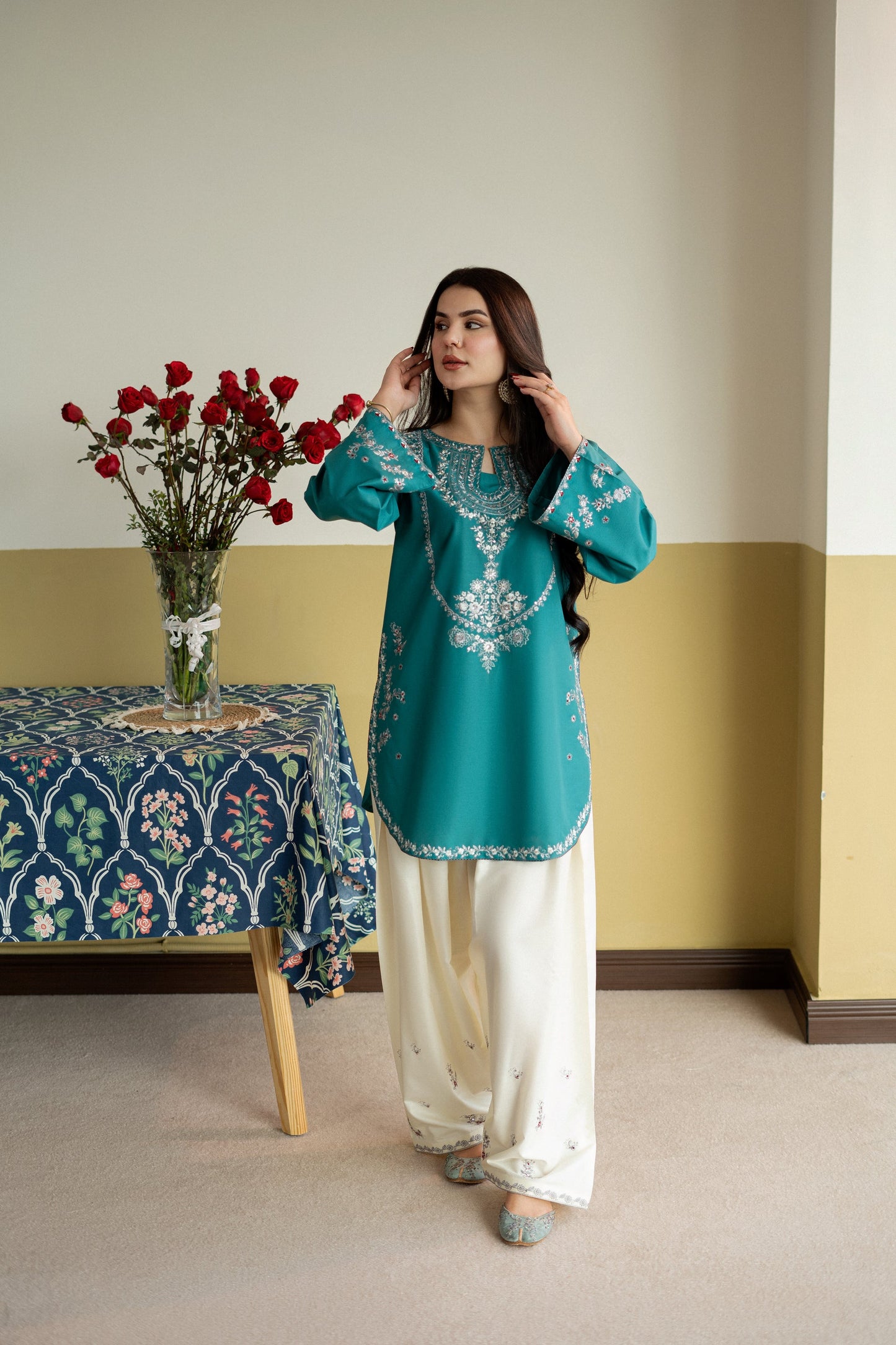 Unstitched Embroidered Green 2 Pc