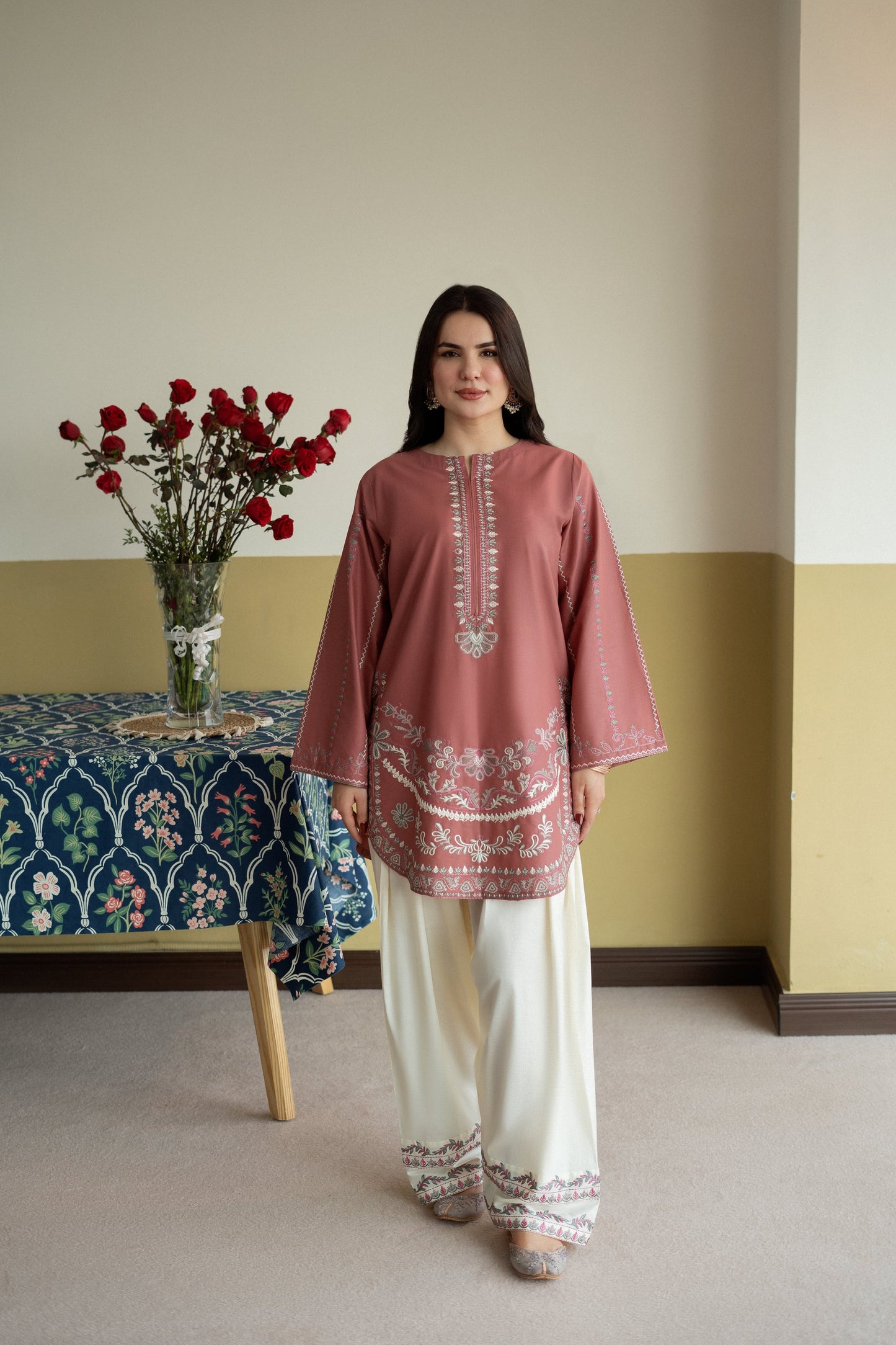 Unstitched Embroidered Light-red color 2 Pc