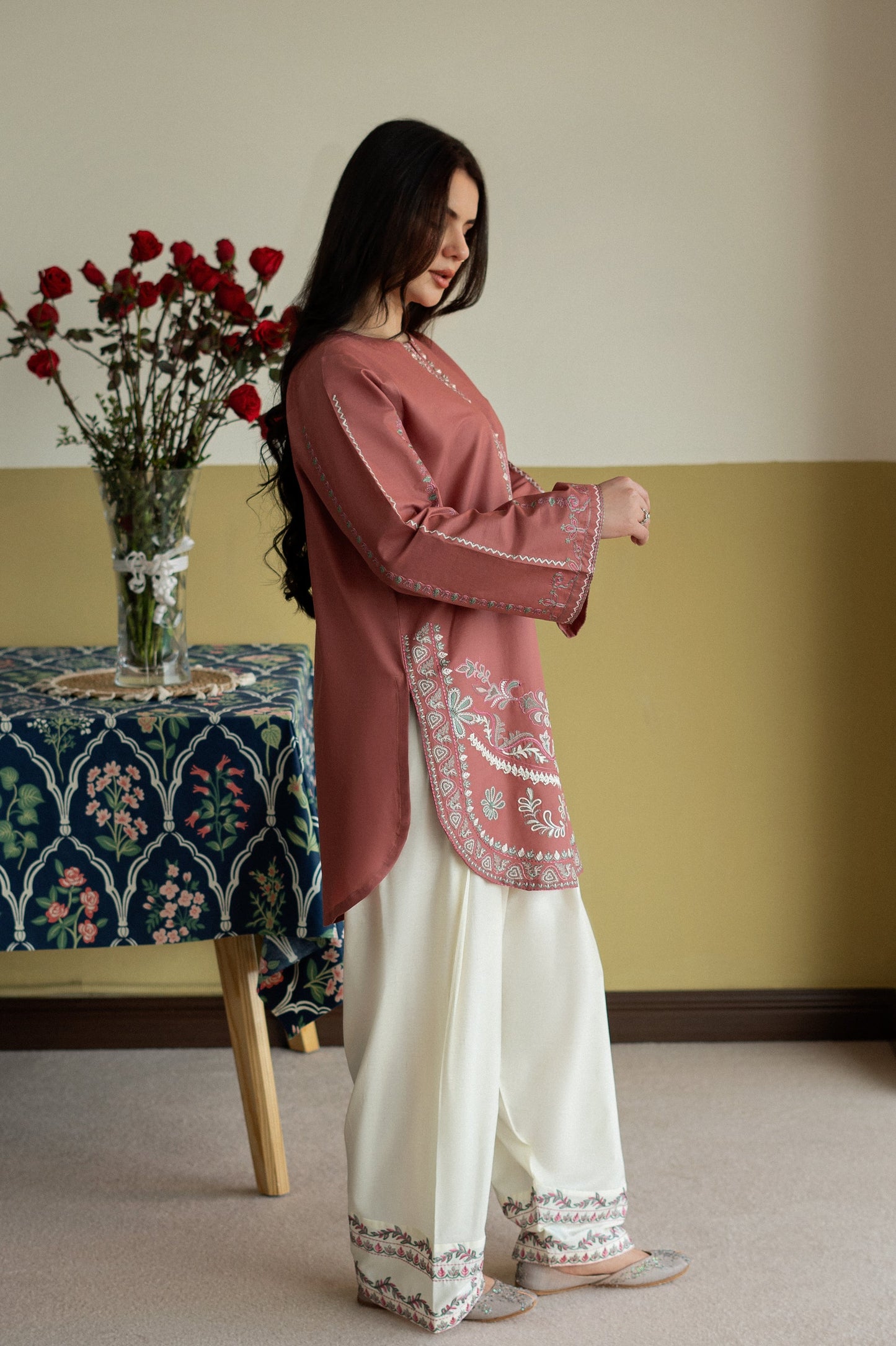 Unstitched Embroidered Light-red color 2 Pc
