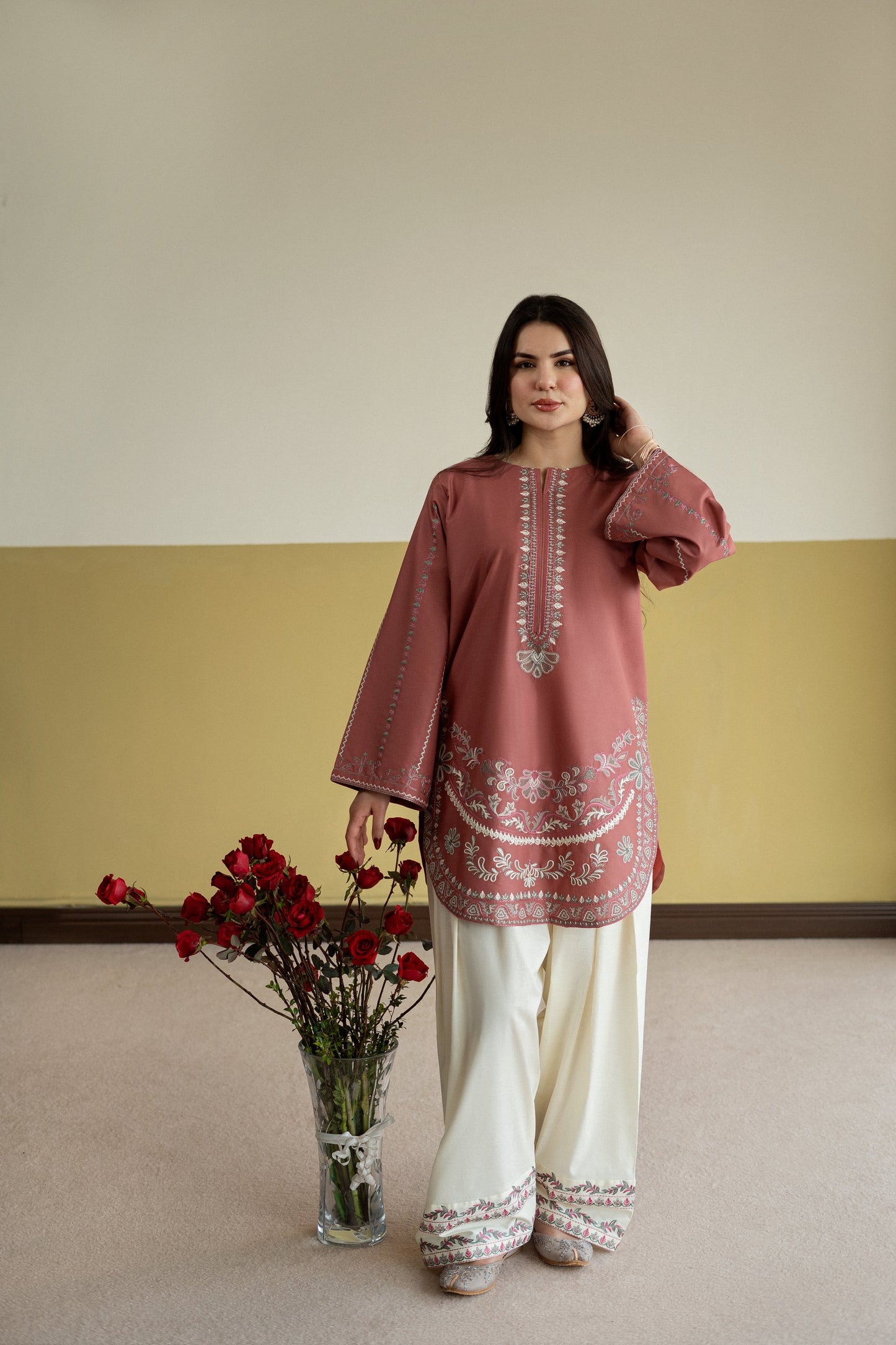 Unstitched Embroidered Light-red color 2 Pc