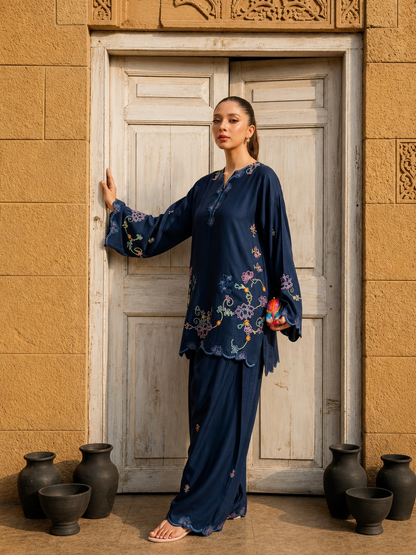 Unstitched Embroidered Navy Blue