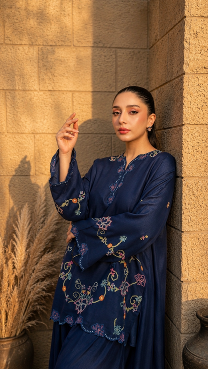 Unstitched Embroidered Navy Blue