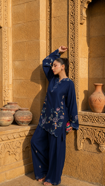 Unstitched Embroidered Navy Blue