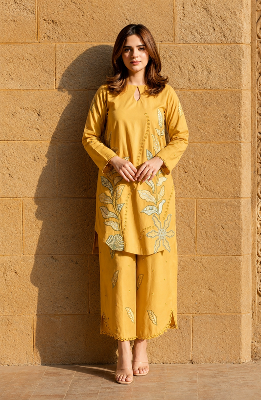 Unstitched Embroidered Mustard Yellow