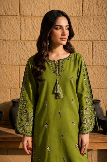 Unstitched Embroidered Olive Green