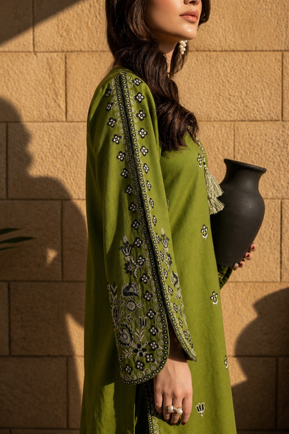 Unstitched Embroidered Olive Green