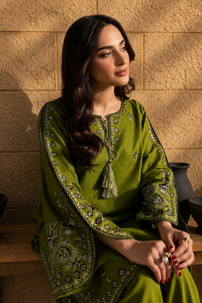 Unstitched Embroidered Olive Green