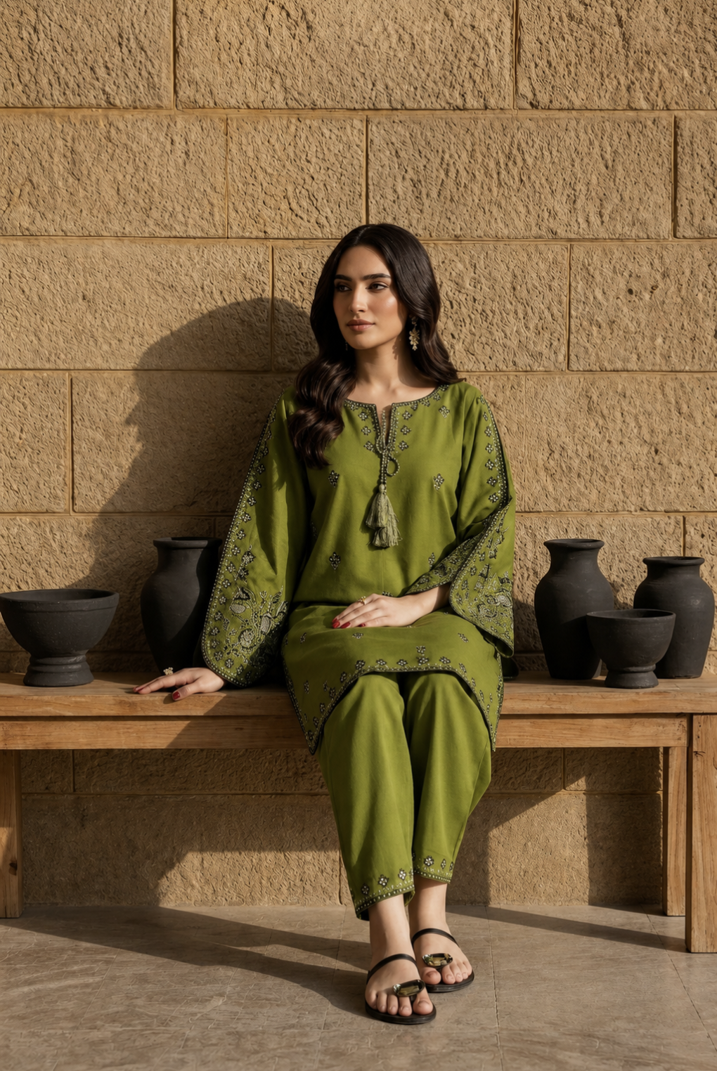 Unstitched Embroidered Olive Green