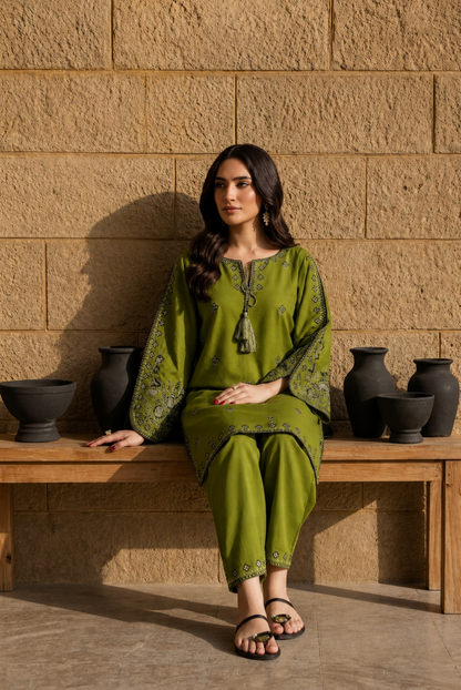 Unstitched Embroidered Olive Green