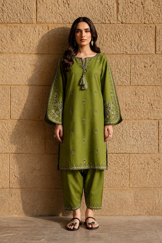Unstitched Embroidered Olive Green
