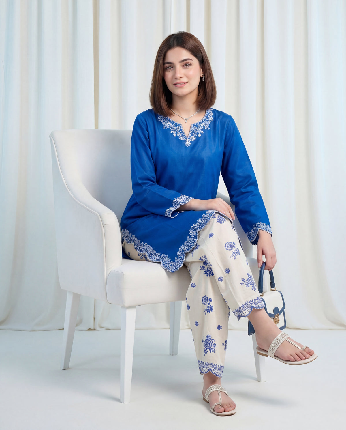 Unstitched Embroidered Royal Blue 2 Pc