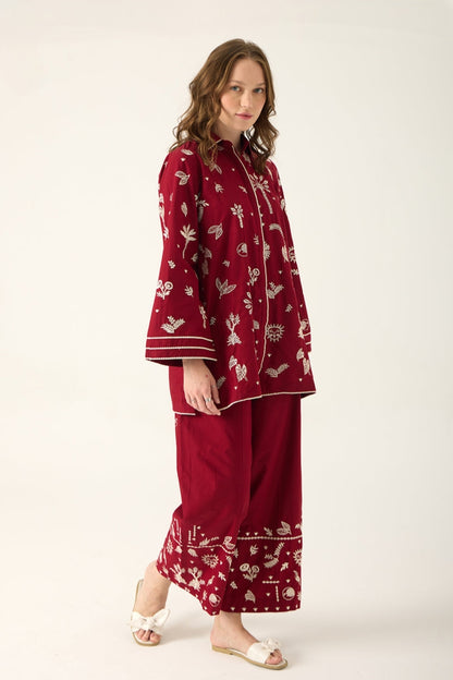 Unstitched Embroidered Red 2 Pc