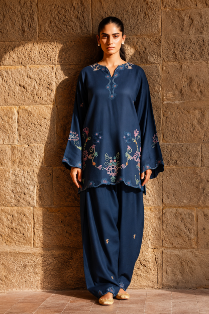 Unstitched Embroidered Navy Blue