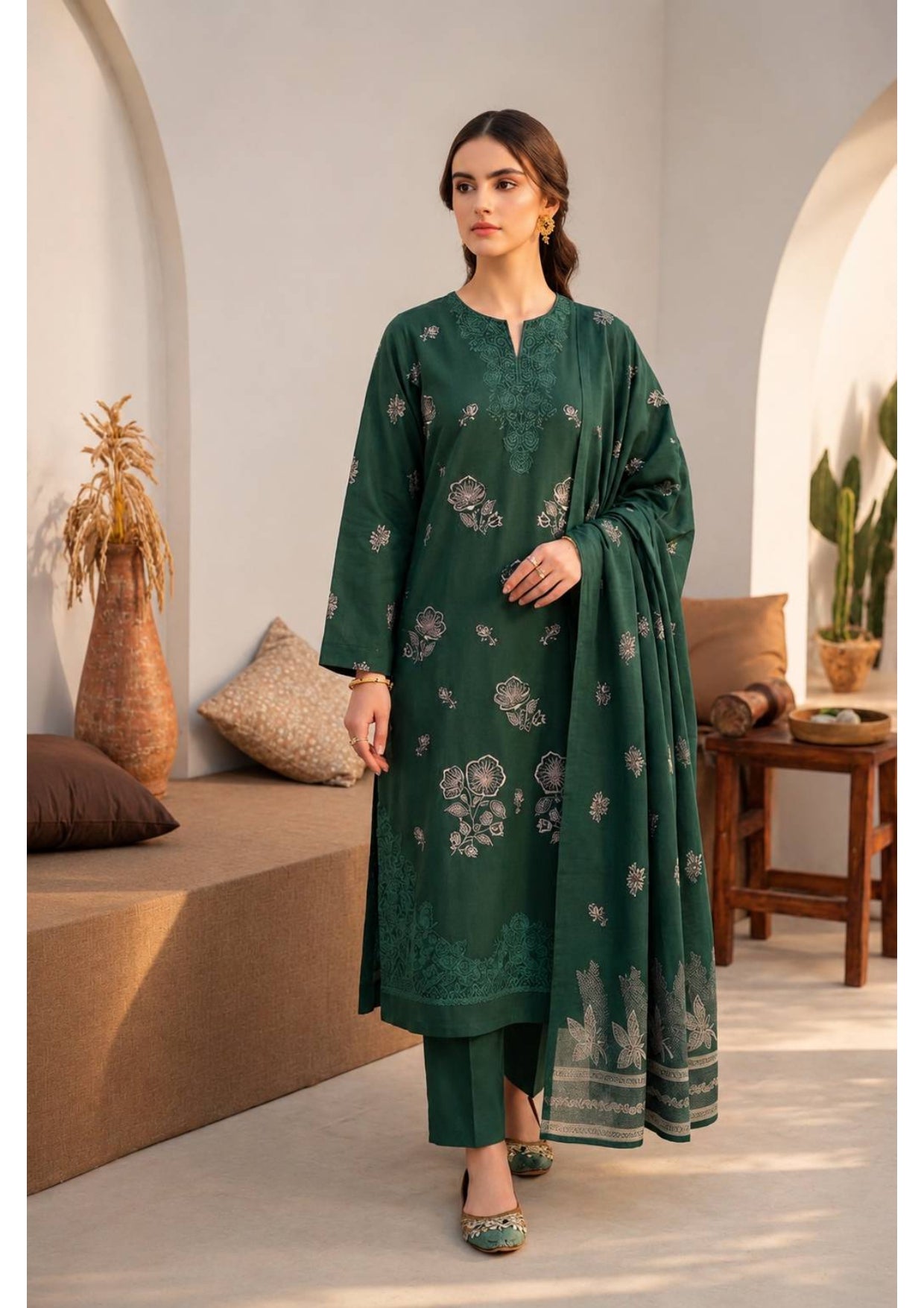 Green Embroidered 3 Piece
