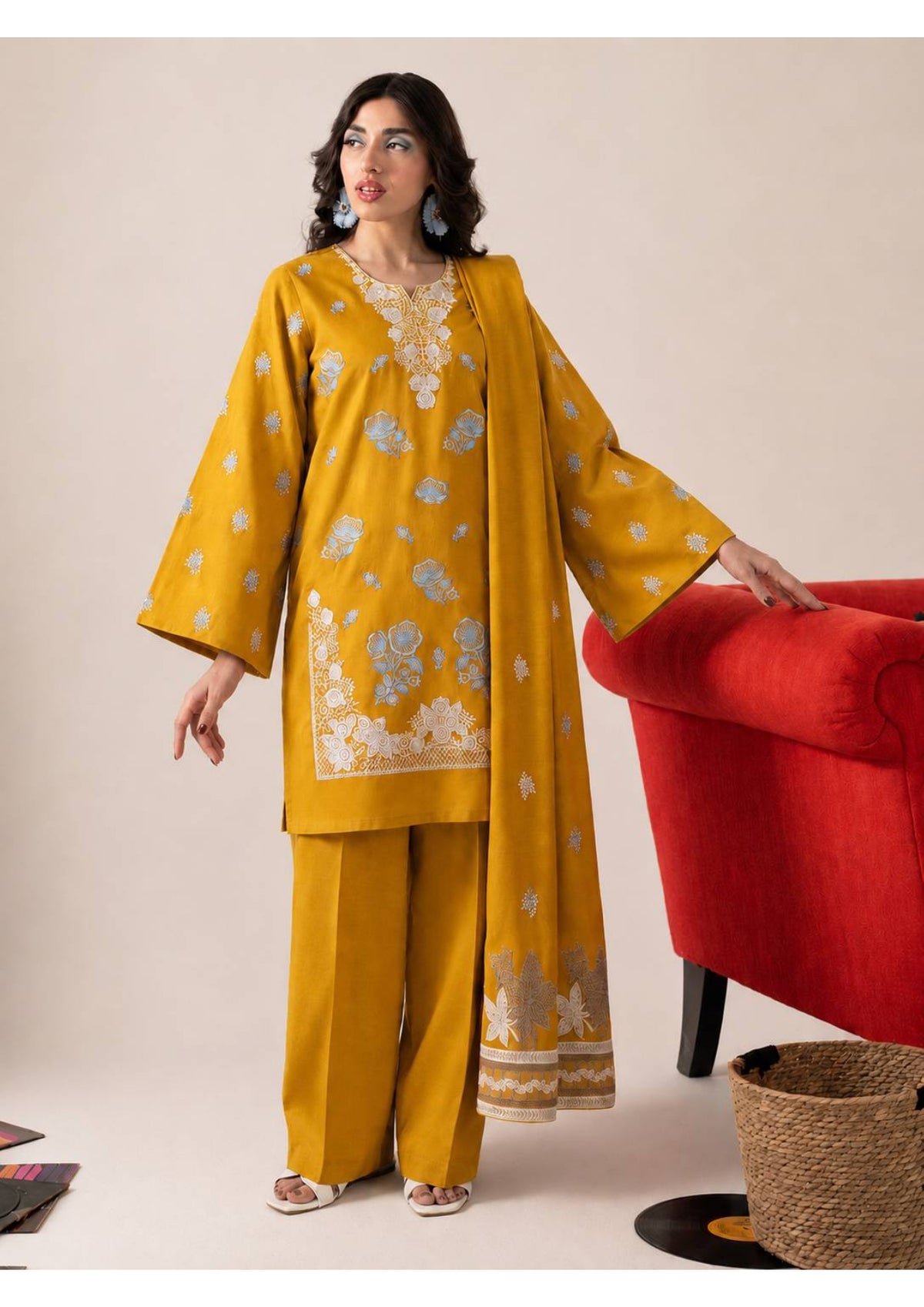 Yellow Embroidered 3 Piece