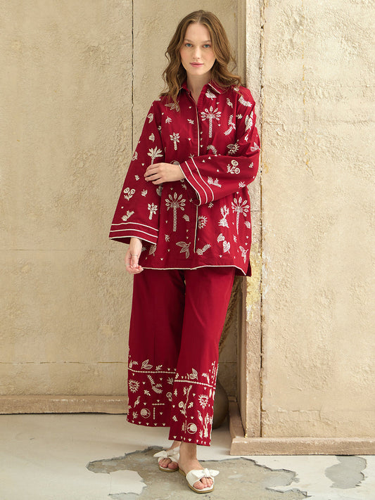 Unstitched Embroidered Red 2 Pc