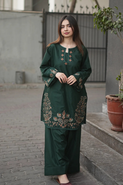 Unstitched Embroidered Forest Green 2 Pc