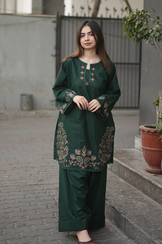 Unstitched Embroidered Forest Green 2 Pc