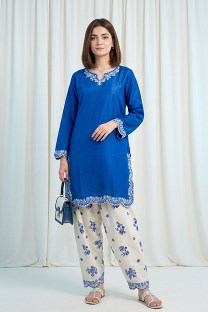 Unstitched Embroidered Royal Blue 2 Pc