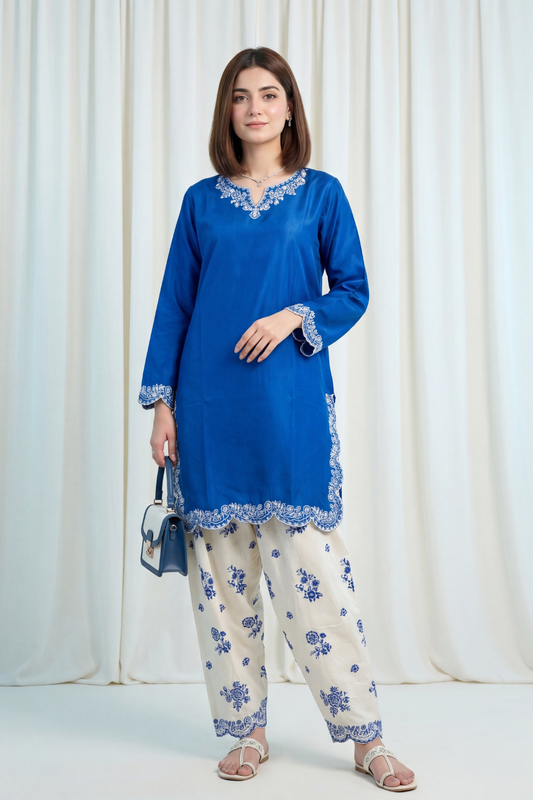 Unstitched Embroidered Royal Blue 2 Pc