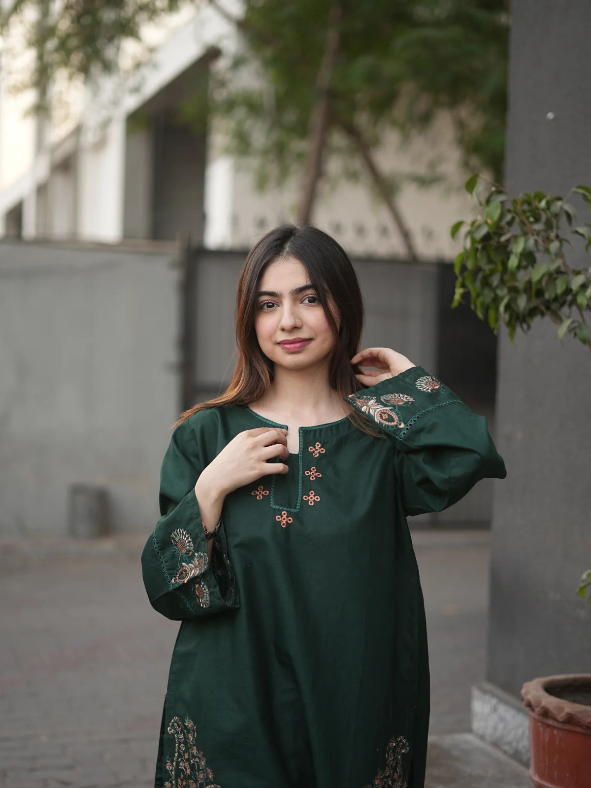 Unstitched Embroidered Forest Green 2 Pc