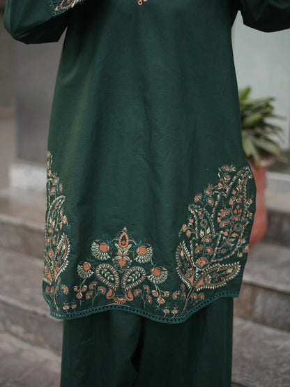 Unstitched Embroidered Forest Green 2 Pc