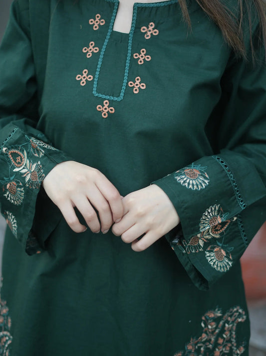 Unstitched Embroidered Forest Green 2 Pc