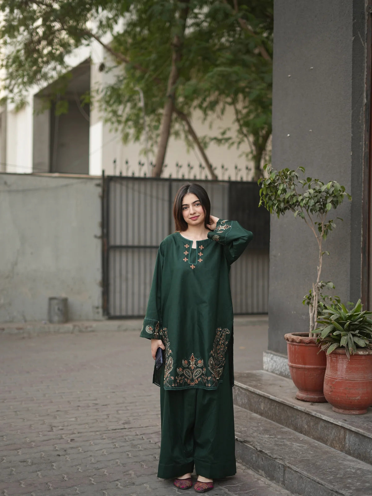 Unstitched Embroidered Forest Green 2 Pc
