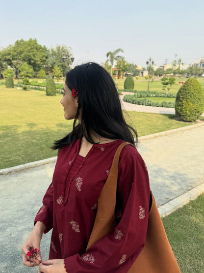 Unstitched Embroidered Red 2 Pc