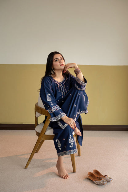 Unstitched Embroidered Blue 2 Pc